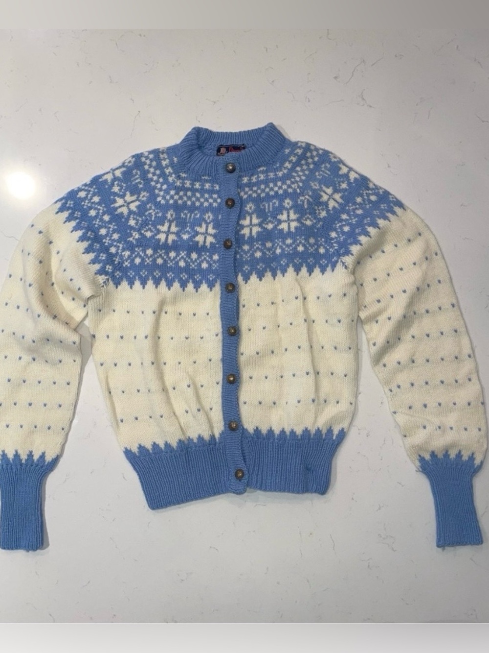 Cream & Sky Blue Fair Isle Wool Button-Front Cardigan
